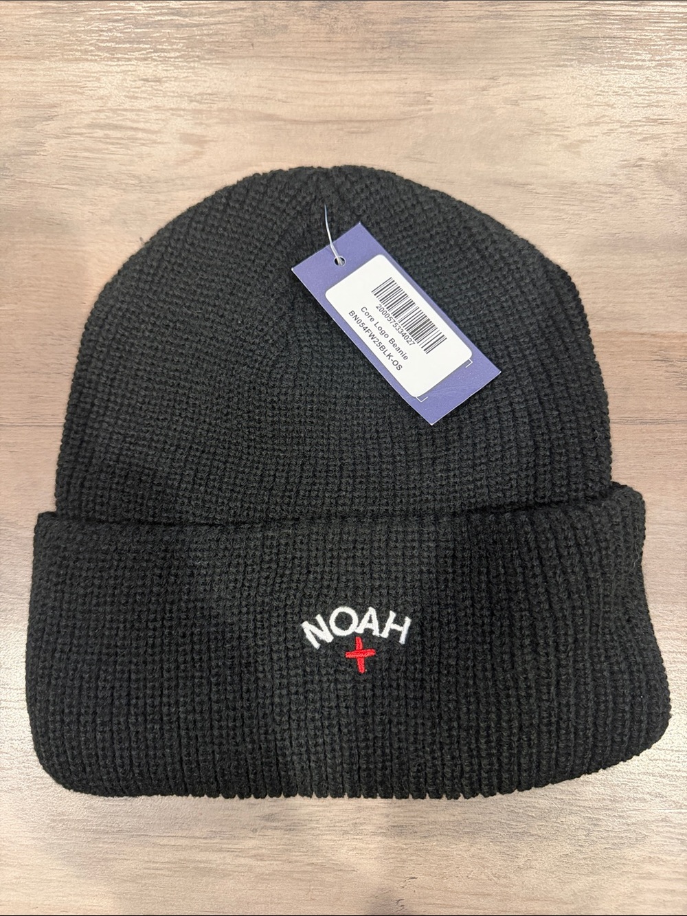 On Running Black Knit Beanie with Red Cross Accent and NOAH Logo